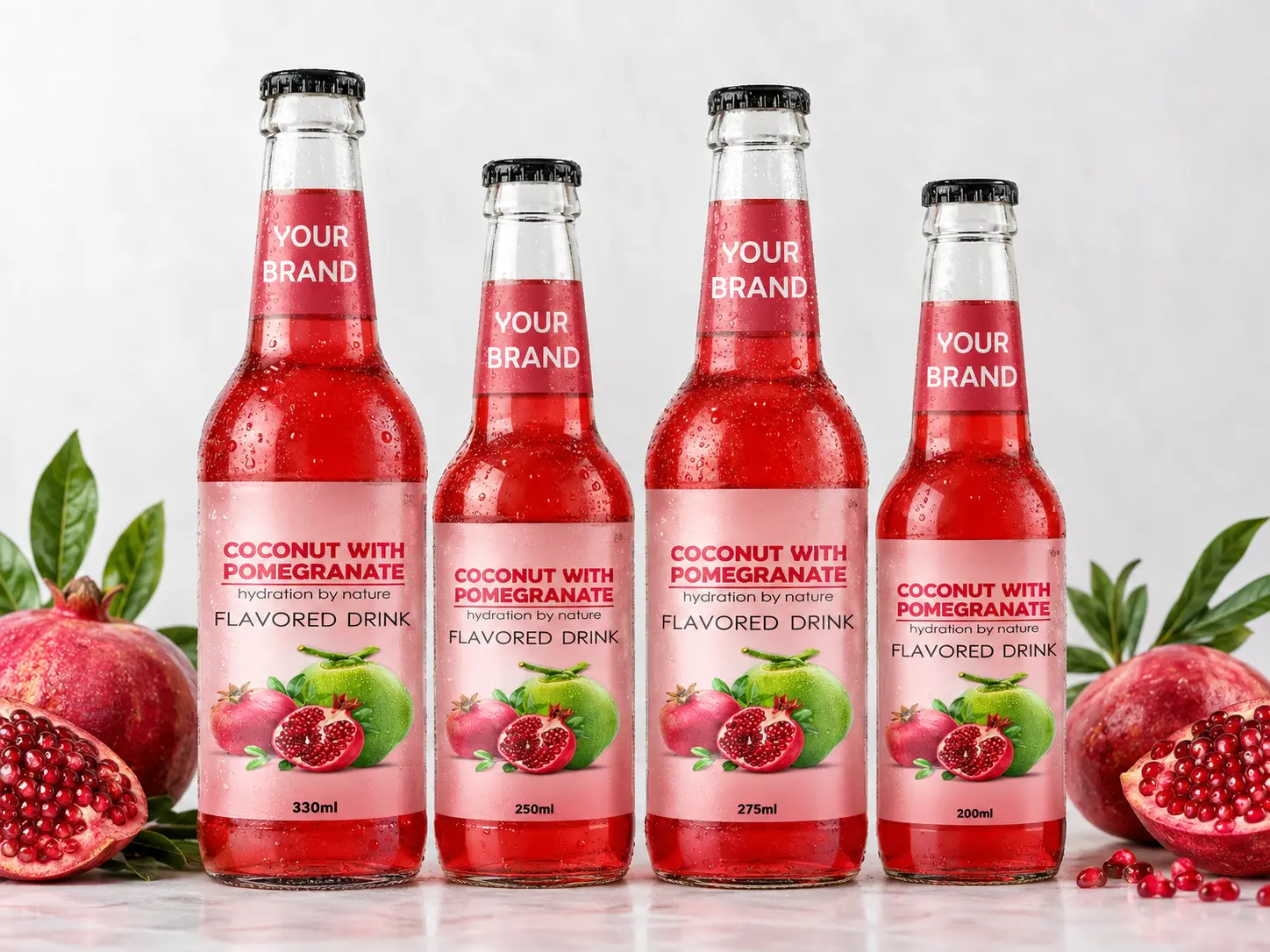 COCONUT FLAVORED DRINK pomegranate flavour shown in 330ml, 250ml, 275ml, and 200ml bottles.